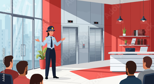 Female security guard giving a presentation to a group of people.