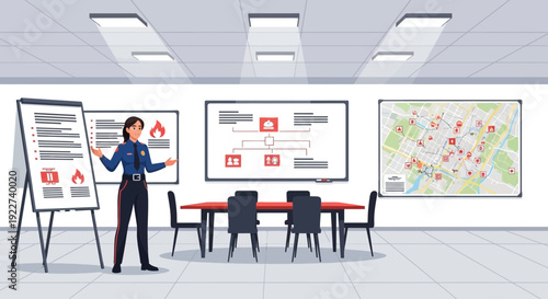 Female presenter explaining emergency response plan on flipchart.