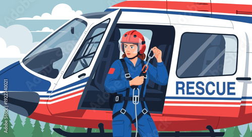 Female rescue worker in uniform standing by a helicopter.
