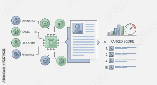 Conceptual illustration of artificial intelligence evaluating a resume with ranked score and skill matching.