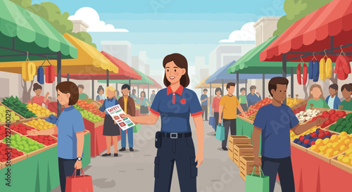 Female security guard standing confidently in a bustling outdoor market.