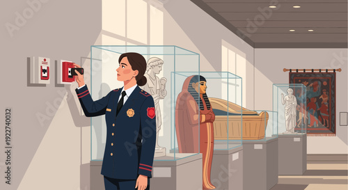 Female security guard inspecting an exhibit in a museum.
