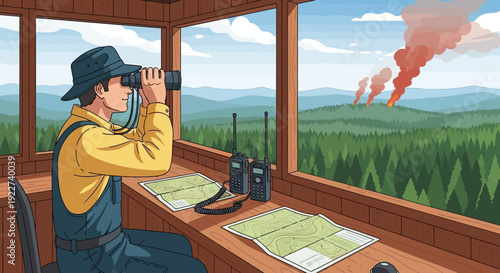 Fire lookout observing distant forest fire through binoculars.