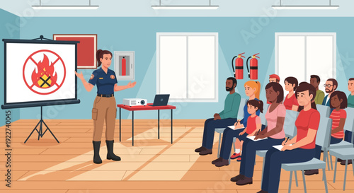 Fire safety instructor teaching a diverse group of people about fire prevention.