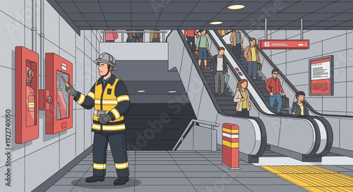 Firefighter activating emergency alarm in a public building.