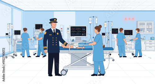 Firefighter and nurse shaking hands in a hospital setting.