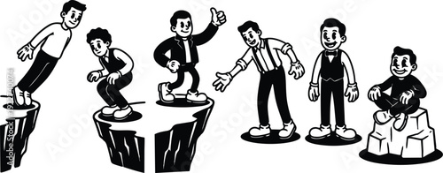 Vintage cartoon characters helping across rocky chasm with thumbs up and smiling poses vector flat black and white composition bold