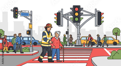Firefighter assisting elderly man across a crosswalk.