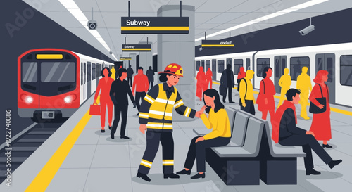 Firefighter assisting a passenger in a busy subway station.
