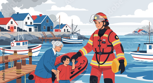 Firefighter assisting an elderly woman and child with a life preserver.
