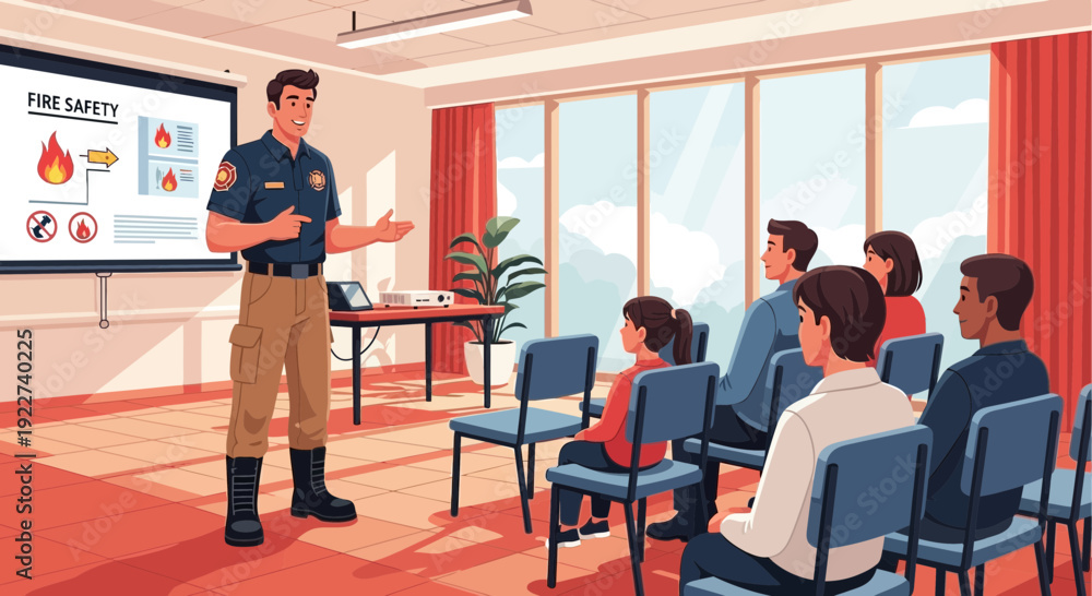 Obraz premium Firefighter giving a fire safety presentation to a group of people in a classroom setting.