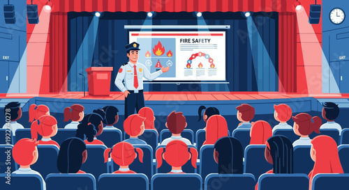 Firefighter giving a fire safety presentation to children in an auditorium.