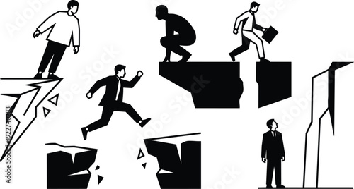 Flat design vector composition of businessmen jumping across fractured cliffs showing risk and career leap close up low angle dramatic