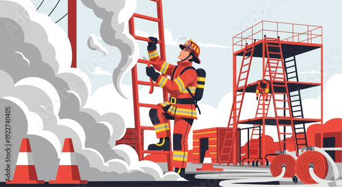 Firefighter in full gear climbing a ladder during a training exercise.