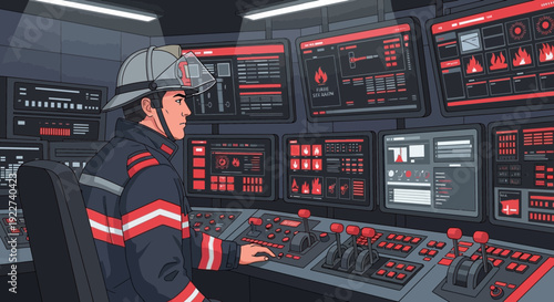 Firefighter in full gear operating advanced control panel.