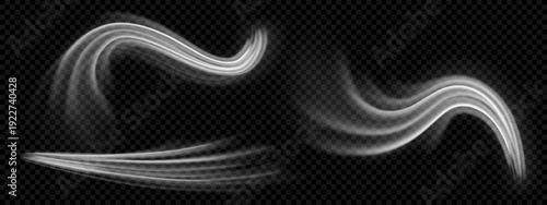 Wind air effect set with fresh breeze flow on black background for conditioner. Cool white wave motion of clean stream and realistic texture. Isolated png vector graphic with different curve trail.