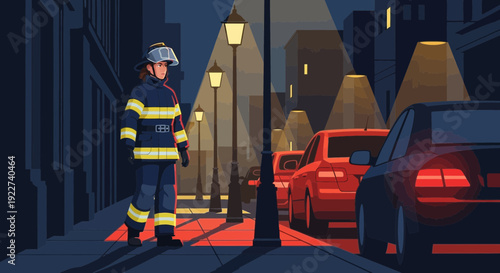 Firefighter in full gear walking on a city street at night.