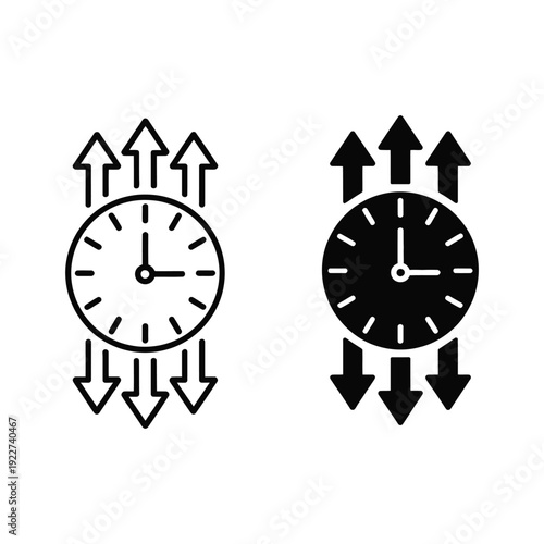 Clocks with arrows two vector illustrations showing time fragility, upward and downward arrows, symbolic concept