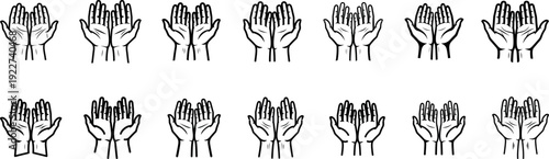 Praying hands vector line art illustration set featuring Muslim dua gesture and open palms for Islamic religious worship Ramadan Kareem spiritual backgrounds and Eid Mubarak isolated graphic design.