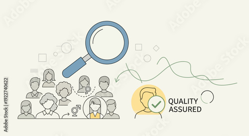 Conceptual illustration of quality assurance with magnifying glass and checklist.