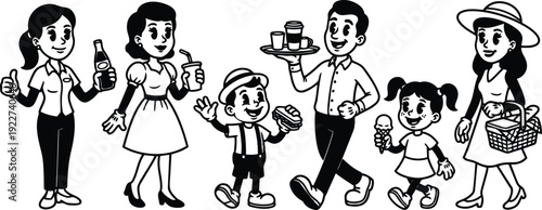 Retro cartoon fifties family walking with food and drinks smiling looking at camera carrying ice cream and picnic basket cheerful