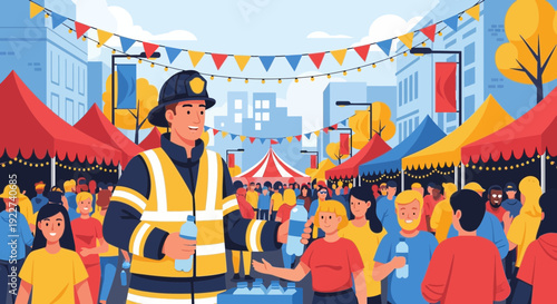 Firefighter in uniform at a lively outdoor festival.
