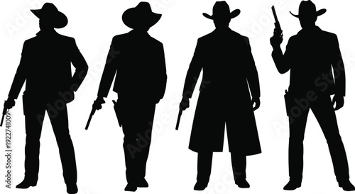 Cowboy silhouettes collection with western gunslingers wearing hats holding revolvers isolated for wild west theme vintage outlaw character illustration design