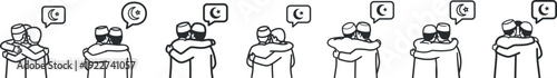 Muslim men hugging and greeting vector illustration set featuring Islamic brotherhood and Eid Mubarak celebration concepts with traditional caps and crescent moon speech bubbles in outline line art.