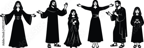 Flat silhouette vector group of biblical figures standing in robes with varied poses arms raised looking at camera