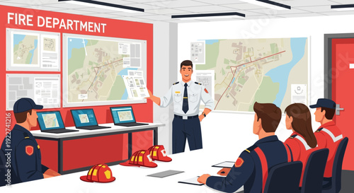 Firefighters in a meeting discussing emergency response plans.