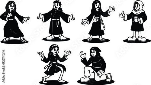 Retro cartoon vector set of six medieval children in robes waving and posing full body black and white smiling friendly