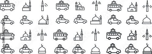 Eid Mubarak travel vector icon set featuring cars and buses with luggage on roof alongside mosques and minarets representing Mudik homecoming journey and Islamic holiday transportation in outline line