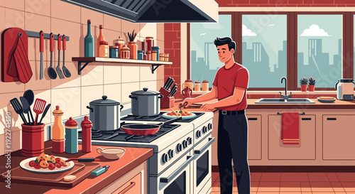 Man cooking in a modern kitchen preparing a meal.