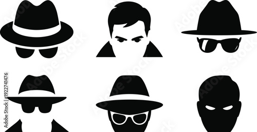 Mystery man silhouette collection featuring anonymous faces with hats and sunglasses isolated on gray background for avatar, detective and security design