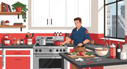 Man in blue uniform shirt cooking a healthy meal in a vibrant kitchen.