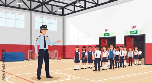 Police officer guiding students during an evacuation drill.