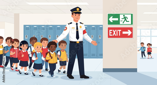 School security guard guiding a line of diverse elementary school children.