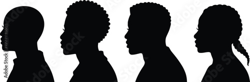 Diverse human head profile silhouette collection featuring male and female side views with different hairstyles isolated on white background for identity design