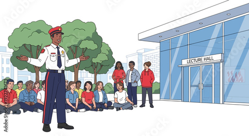 Security guard addressing a diverse group of students outdoors.