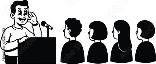 Line art smiling speaker at podium addressing attentive audience four people side view with microphone friendly classroom presentation modern flat