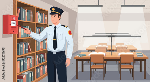 Security guard in uniform checking fire alarm in library.