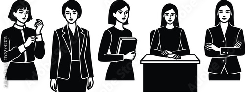 Flat design vector group of five professional women in suits with varied poses holding folder at desk looking forward confident