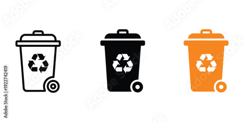 Trash can icons vector set showing rubbish and recycling bins, line, glyph, and flat style symbols