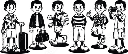 Retro cartoon 90s group of six boys in travel outfits posing with luggage and camera cheerful flat vector front lineup
