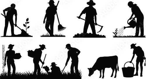Farmer silhouette collection featuring agricultural activities like digging watering harvesting and cattle care isolated on white background for rural farming and agriculture concepts