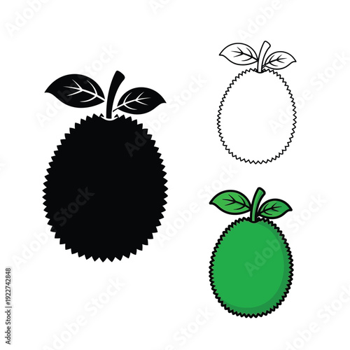 Three durian fruit icon illustrations showing black silhouette outline and color fill