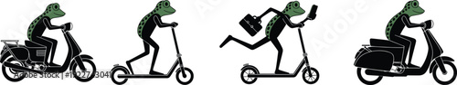 Frog courier character riding scooter and electric kick scooter delivering parcels, humorous cartoon vector set illustrating urban delivery service and mobility concept