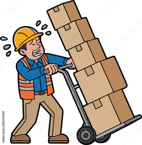 Exhausted warehouse worker pushing overloaded hand truck with stacked boxes sweating under heavy load logistics delivery concept cartoon illustration isolated