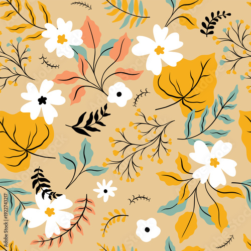 Elegant botanical pattern featuring graceful leaves and flowers. Seamless nature pattern