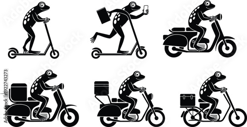 Frog courier riding scooter and delivery bikes set, humorous cartoon vector collection showing urban parcel service, transport variations, and playful character actions